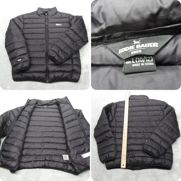 Eddie Bauer Down Jacket Youth Large Black Packable 650 Fill Lightweight Puffer - Picture 1 of 14